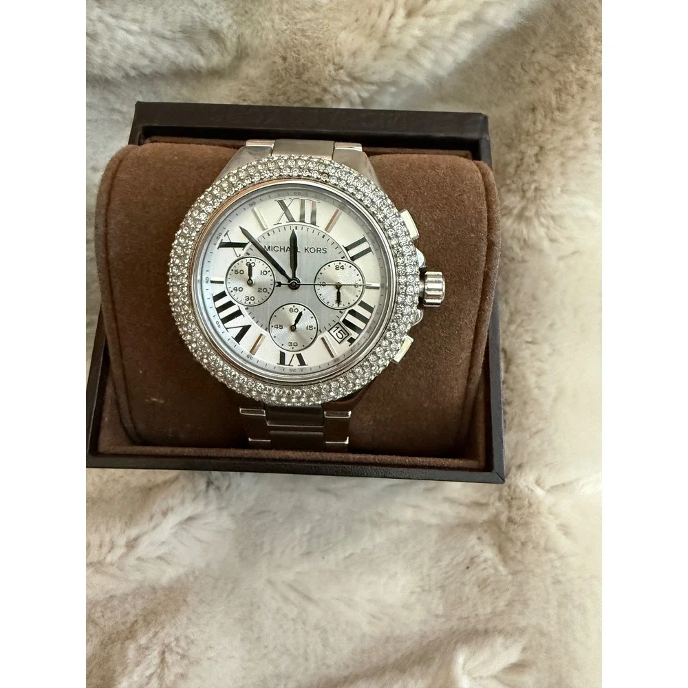 Michael Kors MK3199 Ritz Silver Tone Pave Crystal Chronograph Watch New Battery?